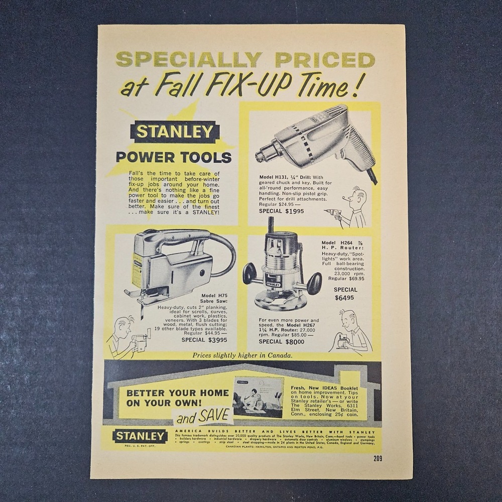 1961 Stanley Power Tools Vintage Print‎ Ad H75 Sabre Saw H131 Drill H264 Router